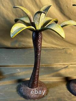 Pair of Two 2 Tropical Beach Palm Tree Cast Metal Iron Brass Candlesticks Set
