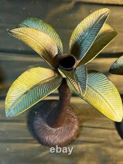 Pair of Two 2 Tropical Beach Palm Tree Cast Metal Iron Brass Candlesticks Set