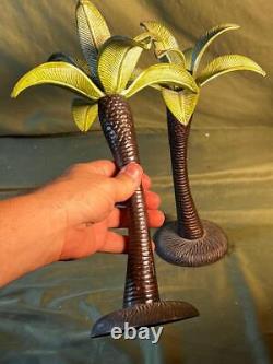 Pair of Two 2 Tropical Beach Palm Tree Cast Metal Iron Brass Candlesticks Set