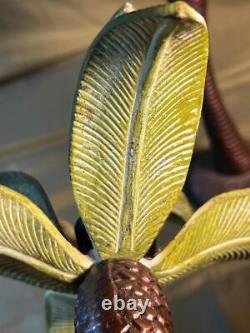 Pair of Two 2 Tropical Beach Palm Tree Cast Metal Iron Brass Candlesticks Set