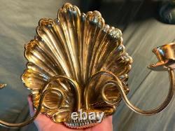 Pair of Two 2 Vintage Brass Metal Asian Wall Candle Sconces Set India Seashells