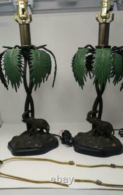 Pair of Two Brass or Bronze Elephant Palm Tree Lamps Tropical Jungle Decor Set