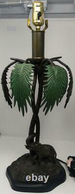 Pair of Two Brass or Bronze Elephant Palm Tree Lamps Tropical Jungle Decor Set