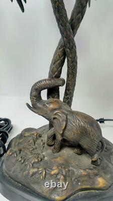 Pair of Two Brass or Bronze Elephant Palm Tree Lamps Tropical Jungle Decor Set