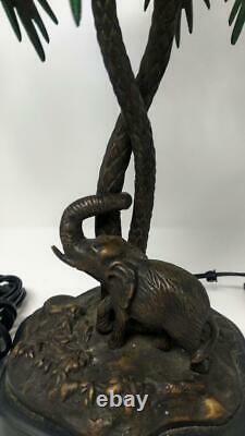 Pair of Two Brass or Bronze Elephant Palm Tree Lamps Tropical Jungle Decor Set