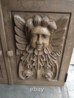 Pair of Two Carved Wood Cherub Angel Carvings Doors Plaques Art Sculpture Set B