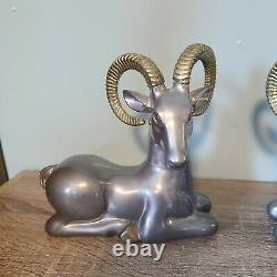 Pewter Cast Rams Set of Two Bookends Antique 1930s Art Deco