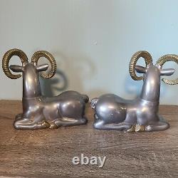 Pewter Cast Rams Set of Two Bookends Antique 1930s Art Deco