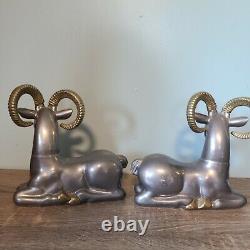 Pewter Cast Rams Set of Two Bookends Antique 1930s Art Deco