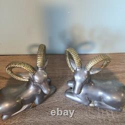 Pewter Cast Rams Set of Two Bookends Antique 1930s Art Deco