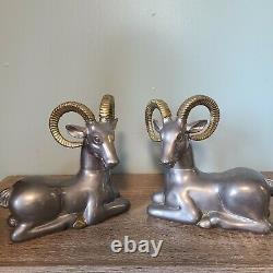 Pewter Cast Rams Set of Two Bookends Antique 1930s Art Deco