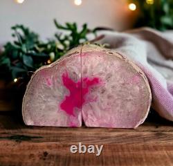 Pink Agate and Quartz Crystal Geode Bookend Candle Holder Set Two Pieces