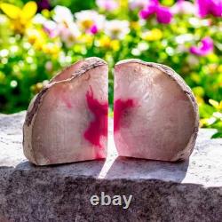 Pink Agate and Quartz Crystal Geode Bookend Candle Holder Set Two Pieces