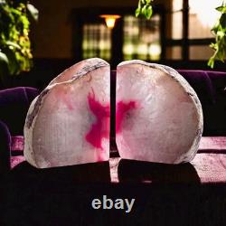 Pink Agate and Quartz Crystal Geode Bookend Candle Holder Set Two Pieces