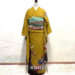 Pure silk long-sleeved kimono set, crepe, two colors, mustard yellow, matcha