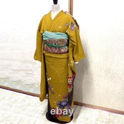 Pure silk long-sleeved kimono set, crepe, two colors, mustard yellow, matcha