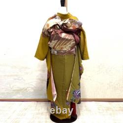 Pure silk long-sleeved kimono set, crepe, two colors, mustard yellow, matcha