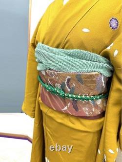 Pure silk long-sleeved kimono set, crepe, two colors, mustard yellow, matcha