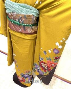 Pure silk long-sleeved kimono set, crepe, two colors, mustard yellow, matcha