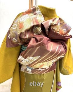 Pure silk long-sleeved kimono set, crepe, two colors, mustard yellow, matcha