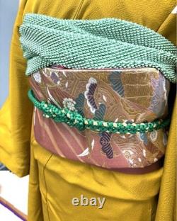 Pure silk long-sleeved kimono set, crepe, two colors, mustard yellow, matcha