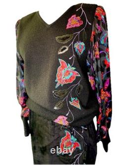 RARE Anne Crimmins for UMI Collections Sweater/Leather Skirt floral appliqué