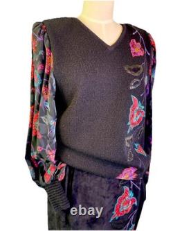 RARE Anne Crimmins for UMI Collections Sweater/Leather Skirt floral appliqué