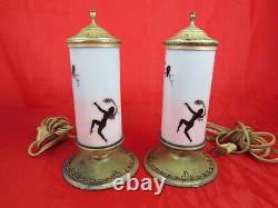 RARE Antique DeVilbiss Glass Art Deco Perfume Dancy Lady Fairy Lamps Set of Two