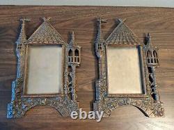 RARE Set of TWO 1890s Antique Cast Iron 11 Castle Photo Frames Flowers & Vines