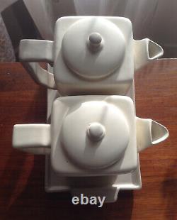 Rare Deco Poole England Mid 30s Tall Two-Colour Coffee & Hot Water Pots On Tray