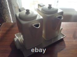 Rare Deco Poole England Mid 30s Tall Two-Colour Coffee & Hot Water Pots On Tray