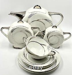 Rare T. L. B. Limoges Art Deco White & Silver Coffee-for-two Set Rooster Mark