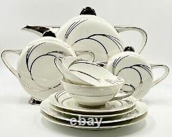 Rare T. L. B. Limoges Art Deco White & Silver Coffee-for-two Set Rooster Mark