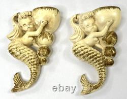 Rare Vintage Ceramic Mermaid Wall Plaques Set of Two 1950s Kitsch Seashells