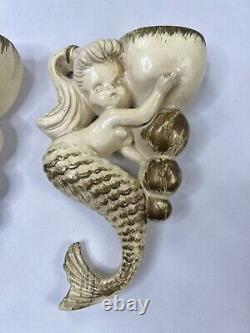 Rare Vintage Ceramic Mermaid Wall Plaques Set of Two 1950s Kitsch Seashells