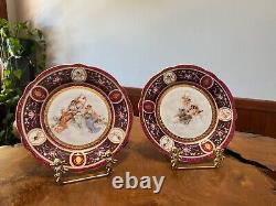 Royal Vienna Style Hand Painted Lady & Cherubs Cupid Raised Gold Plate Set 2