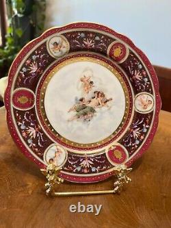 Royal Vienna Style Hand Painted Lady & Cherubs Cupid Raised Gold Plate Set 2