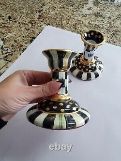 SET OF TWO NEW Authentic MacKenzie-Childs Courtly Check Ceramic Candlesticks