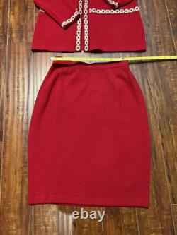 ST. JOHN COLLECTION Knit Russian Red Gold Cardigan and Skirt Set Size 4