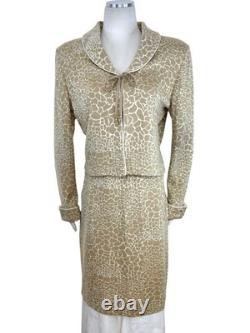 ST. JOHN COLLECTION Knit Skirt/Jacket 2pc Suit Set Animal Print Cream Tan 10/12