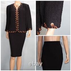 ST. JOHN Collection Black Jacket Skirt L Size 12 10 2pc Suit Brown Silk Trim