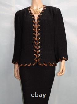 ST. JOHN Collection Black Jacket Skirt L Size 12 10 2pc Suit Brown Silk Trim