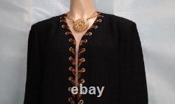 ST. JOHN Collection Black Jacket Skirt L Size 12 10 2pc Suit Brown Silk Trim
