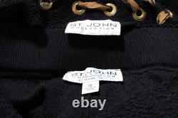 ST. JOHN Collection Black Jacket Skirt L Size 12 10 2pc Suit Brown Silk Trim