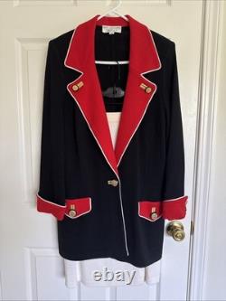 ST JOHN Collection Black Red Santana Knit Skirt Suit Gold Button 2pc Set SZ 12