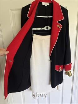 ST JOHN Collection Black Red Santana Knit Skirt Suit Gold Button 2pc Set SZ 12