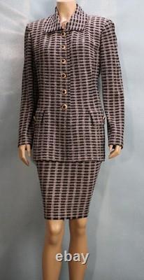 ST. JOHN Collection Black White Jacket Skirt L 10 12 2pc Suit Gold Buttons Plaid