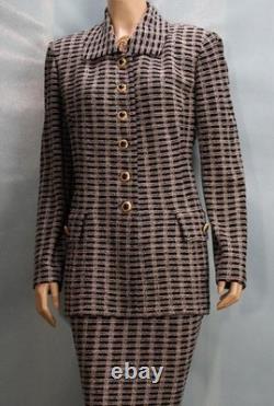 ST. JOHN Collection Black White Jacket Skirt L 10 12 2pc Suit Gold Buttons Plaid