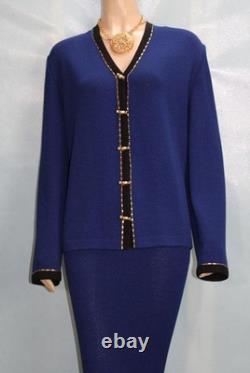 ST. JOHN Collection Blue Jacket Skirt XL14 16 2pc Suit Gold Buttons Black Trim
