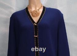ST. JOHN Collection Blue Jacket Skirt XL14 16 2pc Suit Gold Buttons Black Trim
